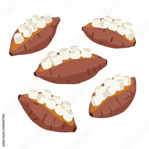 Five sweet potatoes topped with marshmallows, isolated on white background