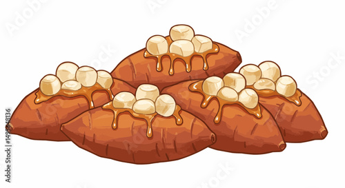 Delicious and beautifully arranged sweet potatoes with marshmallows and caramel drizzle