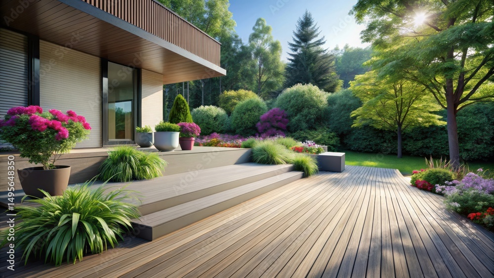 Modern home exterior with spacious deck and lush landscaping, showcasing a tranquil outdoor living space perfect for relaxation and entertaining.