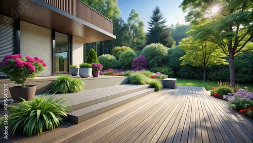 Obraz na płótnie Modern home exterior with spacious deck and lush landscaping, showcasing a tranquil outdoor living space perfect for relaxation and entertaining. w salonie