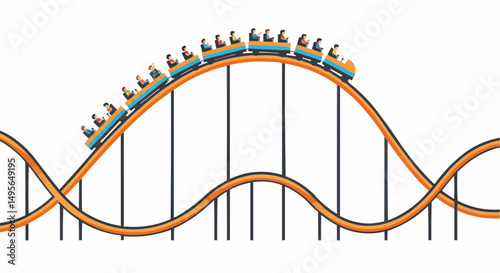 Roller coaster ascending a hill with passengers enjoying the ride. The vibrant colors and dynamic design make it eye-catching.