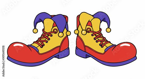 A pair of colorful clown shoes, perfect for bringing joy and laughter. The shoes feature bright red toes, yellow sides, and purple jester hats, promising fun for any circus or party.