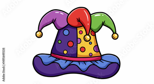 A vibrantly colorful jester hat, an embodiment of mirth and festivity, designed with a playful and whimsical aesthetic. Its design is divided into sections, each with different colors and patterns