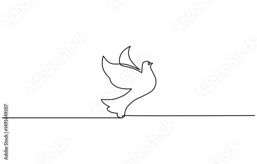 One continuous line drawing of flying up dove. Bird symbol of peace and freedom in simple linear, Symbol of peace and freedom concept vector art. Doodle line illustration.