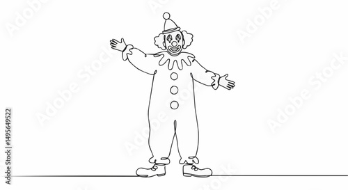 Line art drawing of a clown, dressed in a cheerful outfit, with outstretched arms, invites viewers with a welcoming gesture