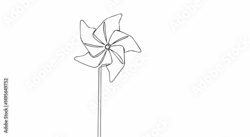 Simple outline of a classic pinwheel toy on a stick, a symbol of childhood fun and outdoor play. The image is a minimal, clean design. 
