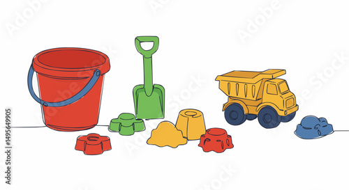 A collection of colorful toys including a bucket, shovel, and sand molds, perfect for playtime. They create fun shapes and forms