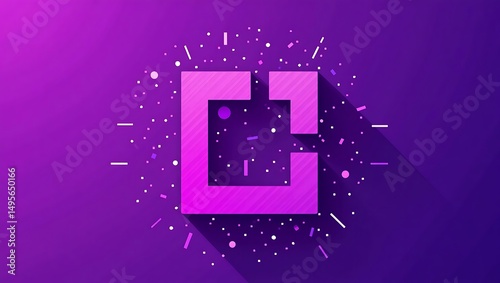 Geometric Square Logo with Dots and Particles on Purple Gradient Background