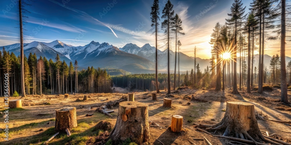 Golden Hour Serenity Sunbeams Illuminate a Mountainous Forest Clearing with Tree Stumps