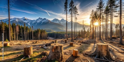 Obraz na płótnie Golden Hour Serenity Sunbeams Illuminate a Mountainous Forest Clearing with Tree Stumps w salonie