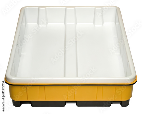 Yellow and white heavy-duty plastic secondary containment tray on a transparent background