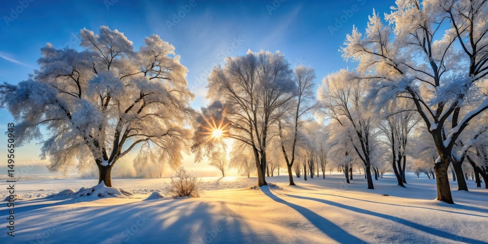 A Majestic Winter Sunrise Illuminates a Frosty Grove of Trees Casting Long Shadows Across a Pristine Snow Covered Landscape