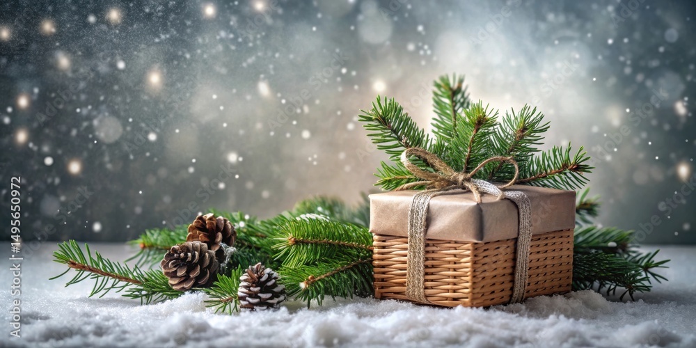 A thoughtfully wrapped gift rests on a bed of freshly fallen snow, adorned with evergreen boughs and pinecones, creating a serene winter scene.