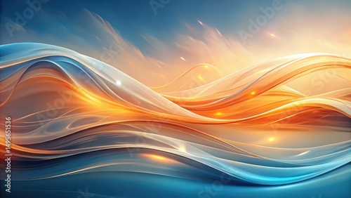Abstract Flowing Orange and Blue Waves, a Serene Digital Artwork Depicting Gentle Undulations and Luminescent Glows