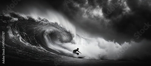 Surfer riding a large wave during a dramatic stormy day.