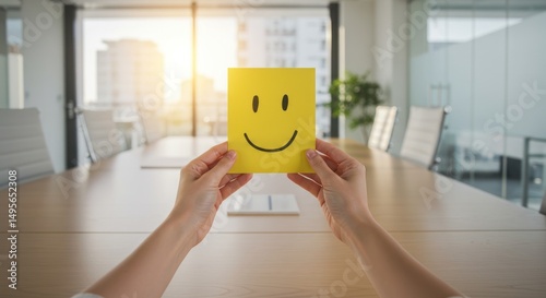 Wallpaper Mural Hands hold yellow paper with smiley face in bright office setting. Torontodigital.ca