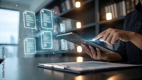 Digital Document Signing and Paperless Contract Management. Person signing documents on tablet with stylus, multiple virtual pages and electronic signatures in modern office setup. e-signature,