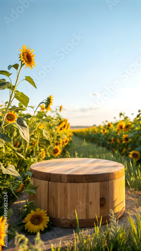 Soft floral scene with wooden podium and sunflowers circular elegant product display in natural background