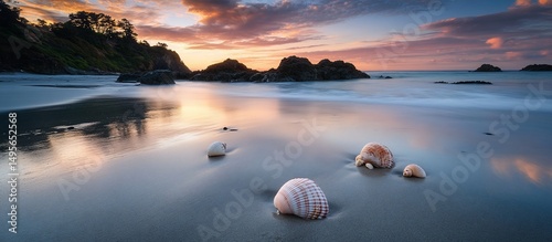 Seashells on tranquil beach at sunset, reflecting calm ocean and sky.