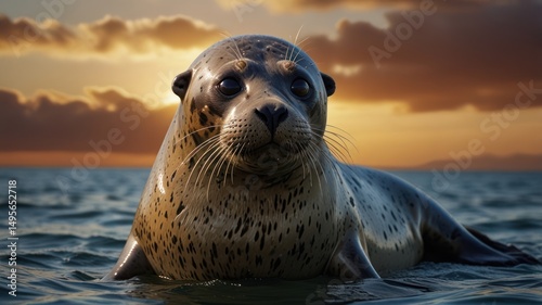 Harbor Seal in Water at Sunset photo