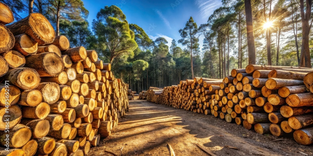 Sunlit Forest Pathway Flanked by Stacks of Timber Logs, a Scene of Natural Resource Management and Forestry
