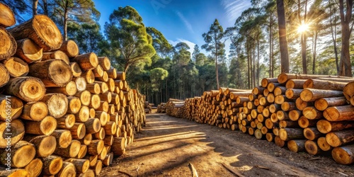 Obraz na płótnie Sunlit Forest Pathway Flanked by Stacks of Timber Logs, a Scene of Natural Resource Management and Forestry w salonie