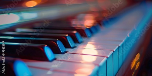 Close-up of Piano Keys in Vibrant Blue and Orange Lighting