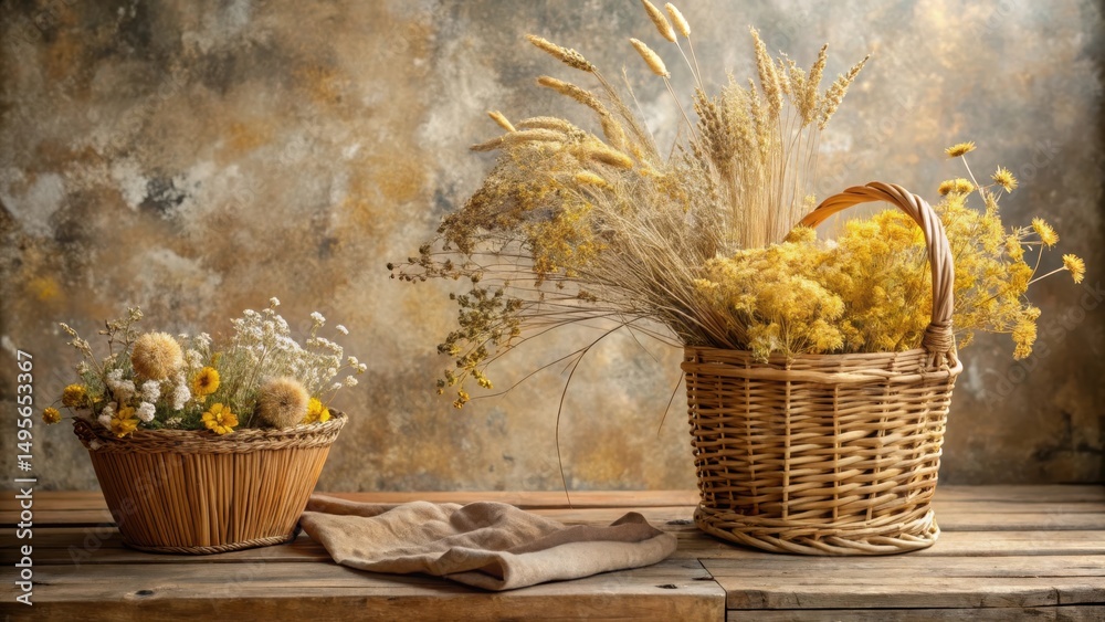 Rustic Still Life Featuring Dried Floral Arrangements in Woven Baskets on Weathered Wooden Surface