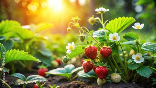 Obraz na płótnie Sunlight Drenched Strawberry Plants Flourishing in a Lush Garden Setting with Ripe Berries and Delicate Blossoms w salonie