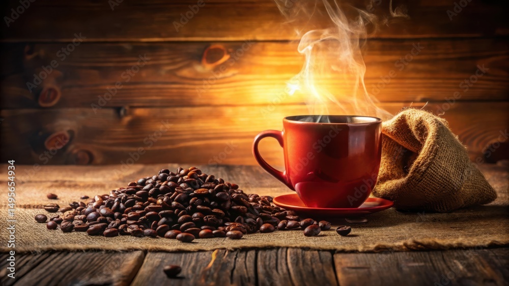 Aromatic Steam Rising from a Red Mug of Coffee Beside a Heap of Roasted Coffee Beans on Rustic Wooden Table