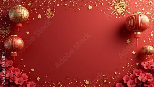 Festive chinese new year background with red lanterns and golden ornaments