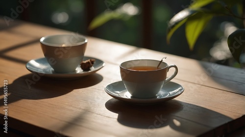 Wallpaper Mural Two cups of coffee on a wooden table with sunlight and green background. Torontodigital.ca