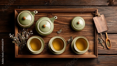 A serene tea set with green teapots and cups on a wooden tray, highlighting an inviting tea-drinking experience.