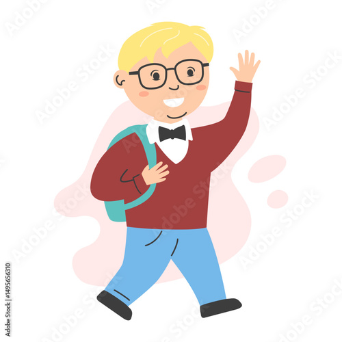 Schoolboy with a school bag walking and waving his hand. Cartoon style illustration