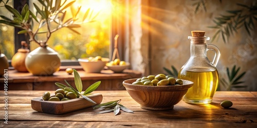 Obraz na płótnie Sunlit Still Life Featuring Fresh Olives and Golden Oil in Rustic Setting w salonie