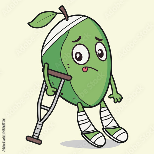 Injured cartoon mango character on crutches