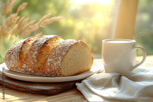 The warm scene of golden French bread and fragrant milk