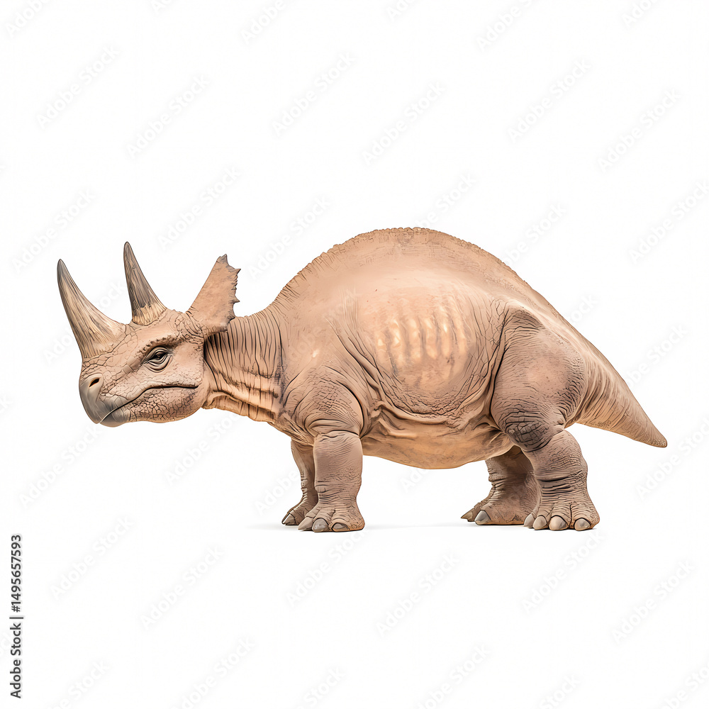 Fototapeta premium A playful Triceratops figure sparks imagination in a vibrant indoor dinosaur exhibit.