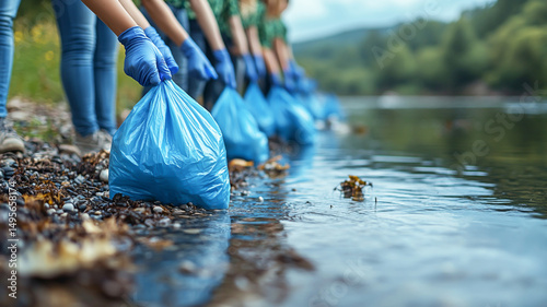 A group of people cleaning the riverbank of polluting waste. Preservation of the environment and ecosystems