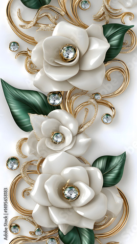 Elegant and ornate, this image features meticulously crafted, jewel-encrusted floral designs. Each element, from the delicate petals to the ornate gold scrollwork.