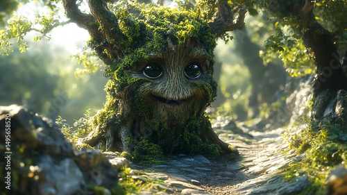 Surreal anthropomorphic tree in forest animation. Fantasy concept