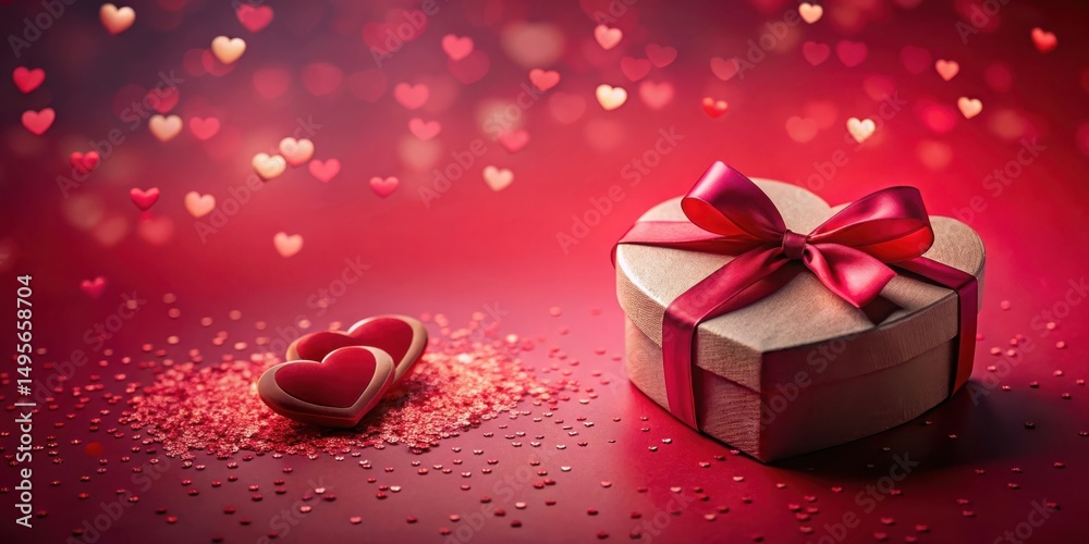 Heart-shaped gift box with a crimson ribbon, nestled among scattered heart-shaped confetti, and two additional decorative hearts adding to the romantic ambiance.