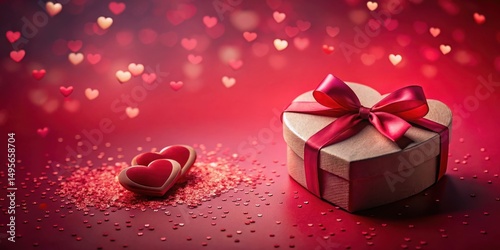 Heart-shaped gift box with a crimson ribbon, nestled among scattered heart-shaped confetti, and two additional decorative hearts adding to the romantic ambiance.