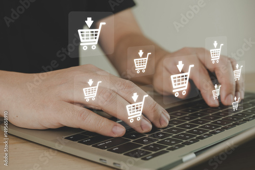 Promotion. customer hand shopping online on laptop computer with shopping cart graphic icon diagram, payment online, shopping online, digital marketing, business finance, network technology concept