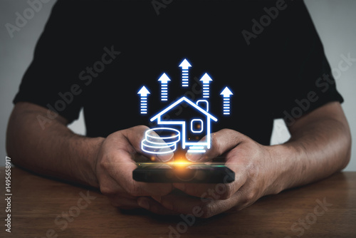 House Loan. customer hand using mobile phone pay property tax with house icon diagram, real estate agent, home insurance, sell house, real estate investment, business finance technology concept
