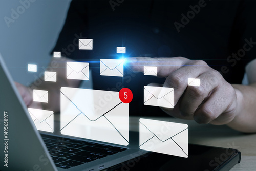 person reading mail message on laptop computer, contact us, inbox, new message, cyber security, digital marketing, new email notification, business finance, internet network technology concept