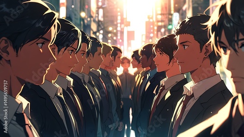 A Harmonious Convergence Anime-Style Business Professionals in a Urban Setting
