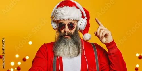 Cool Santa Claus with Headphones and Sunglasses Enjoying Christmas Music