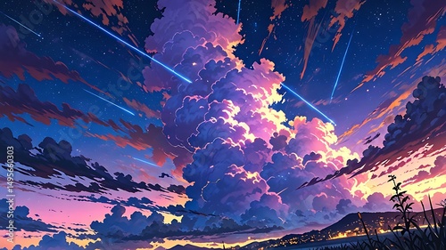 Fantastical Evening Sky with Shooting Stars and Illuminated Cloud Formations