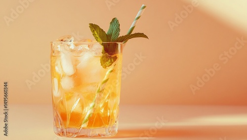 Refreshing iced tea with mint in a rocks glass, on a peach background.